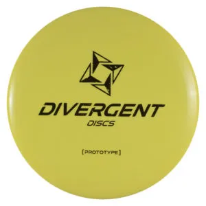 A yellow frisbee with the DIVERGENT DISCS logo and the word [PROTOTYPE] printed on it.