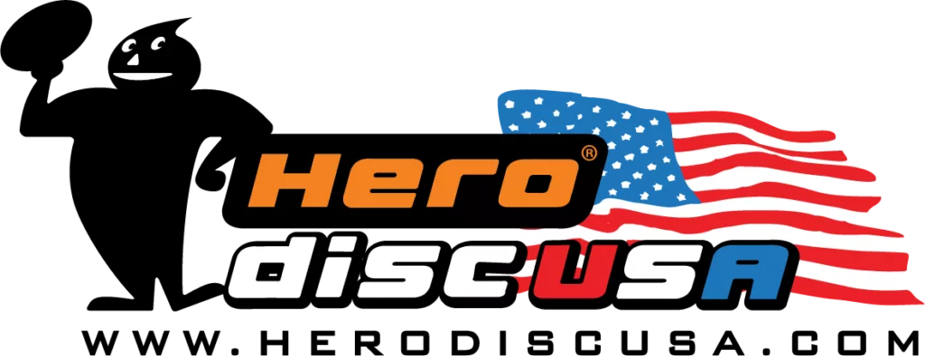 The image shows a stylized logo with the text  Hero disc USA  alongside a graphic of a smiling face and a disc golf disc with an American flag design.