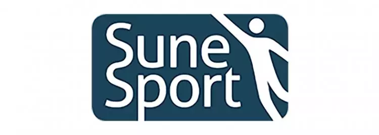The image shows a logo featuring the silhouette of a person with raised arms and the text  SuneSport  in stylized font.