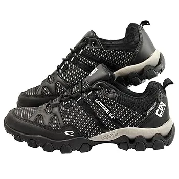 A pair of black and tan outdoor hiking shoes displayed against a white background.