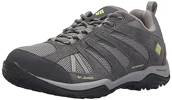 The image shows a single gray and black hiking shoe with mesh panels, laces, and a logo on the side.