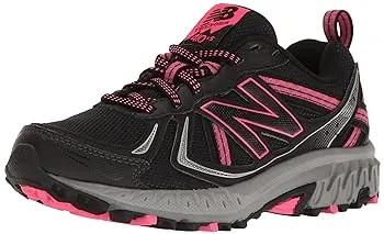 A black and pink New Balance running shoe with prominent branding on the side.